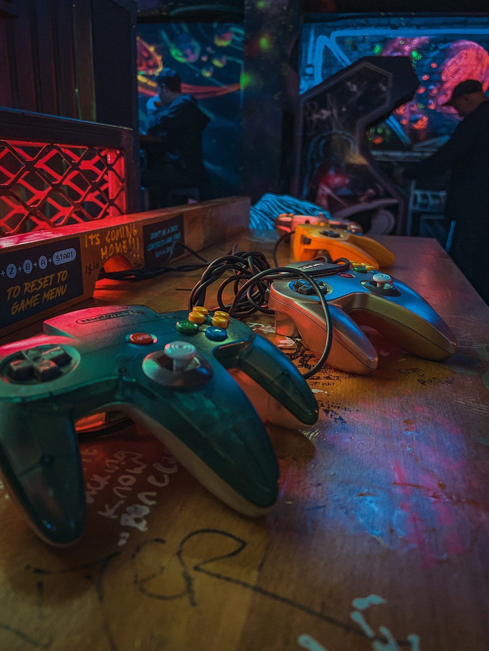 Nintendo 64 Controllers on a Bar Top at Pixel Pint