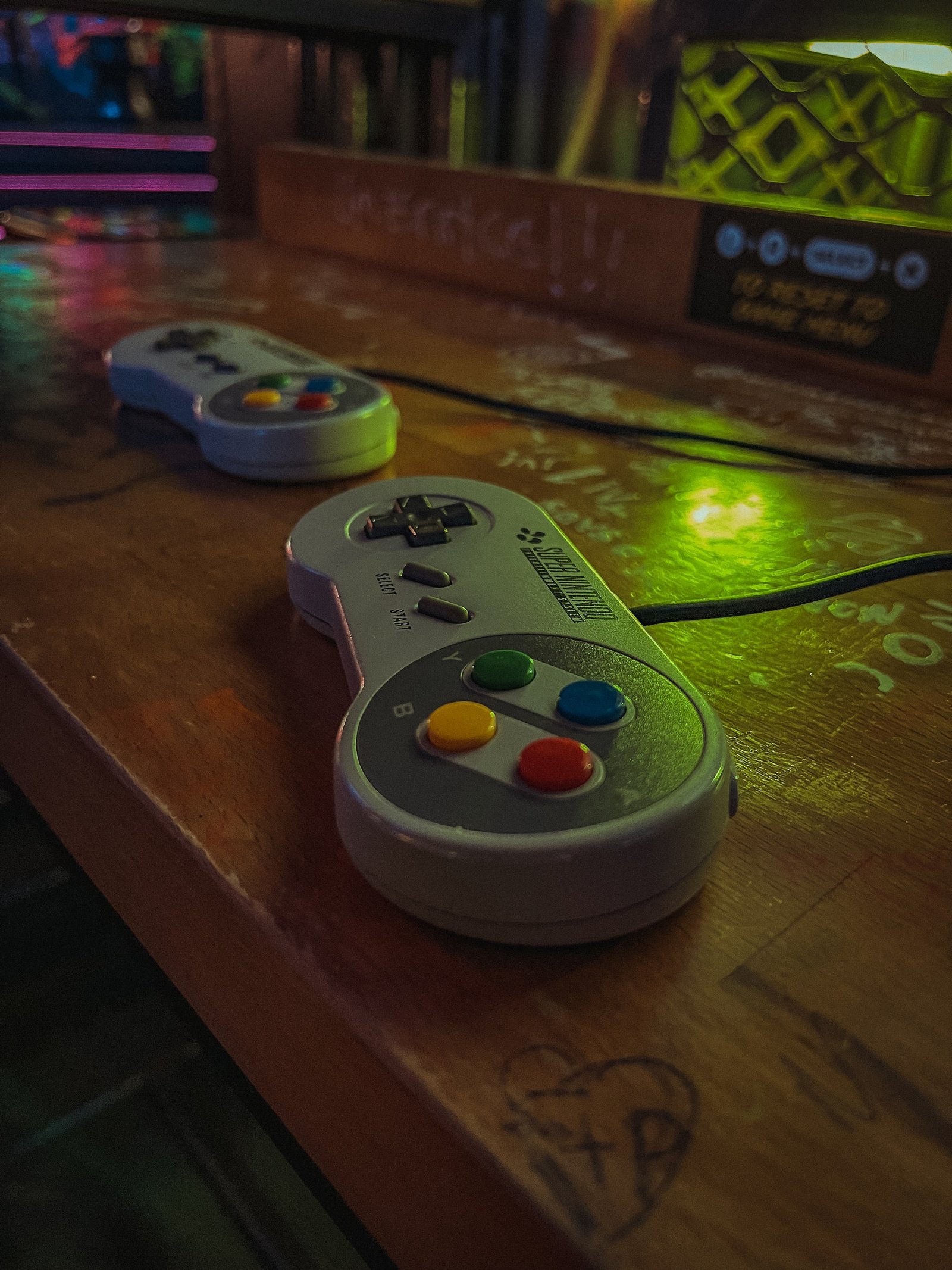 SNES Controllers on Bar Top at Pixel Pint